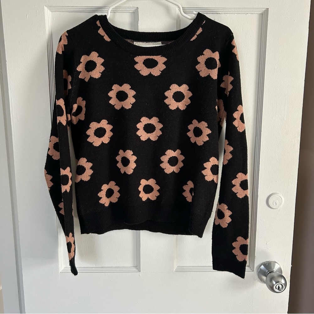 Black Crewneck Sweater with Pink Floral Jacquard